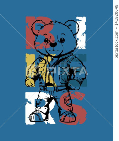 Vector illustration of cute bear line art cartoon in bikers costume Vector illustration of cute bear line art cartoon in bikers costume 141920649