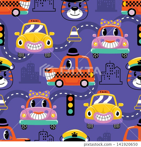 Seamless pattern vector of funny cars in trendy cartoon style 141920650