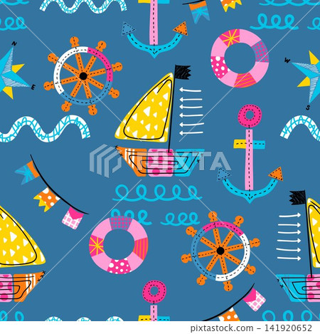 Seamless pattern vector of sailboat cartoon with sailing elements in doodle art style Seamless pattern vector of sailboat cartoon with sailing elements in doodle art style 141920652