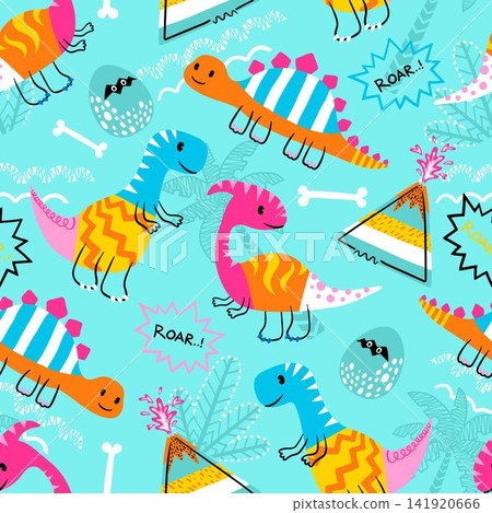 Seamless pattern vector of cute dinosaurs doodle cartoon Seamless pattern vector of cute dinosaurs doodle cartoon 141920666
