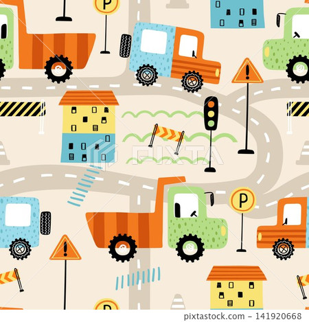 Seamless pattern vector of cute cars in city road, doodle cartoon arts Seamless pattern vector of cute cars in city road, doodle cartoon arts 141920668