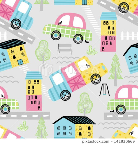 Seamless pattern vector of cute cars in little town, doodle cartoon arts Seamless pattern vector of cute cars in little town, doodle cartoon arts 141920669