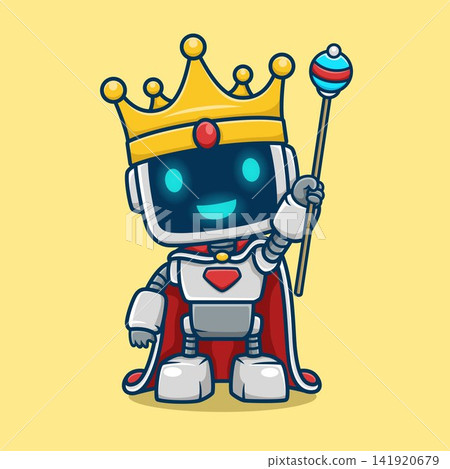 Royal robot character wearing a gold crown and red cape. Royal robot character wearing a gold crown and red cape. 141920679