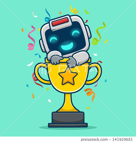 Happy robot character celebrating victory inside a gold trophy cup. 141920681