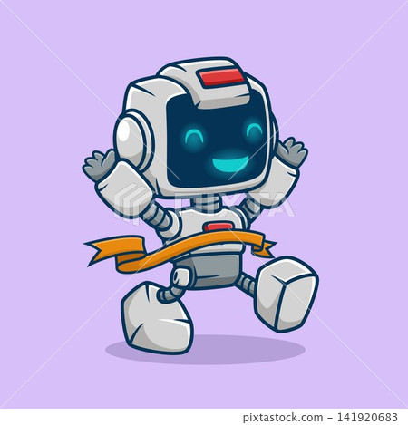 Robot character crossing the finish line with a ribbon. Robot character crossing the finish line with a ribbon. 141920683