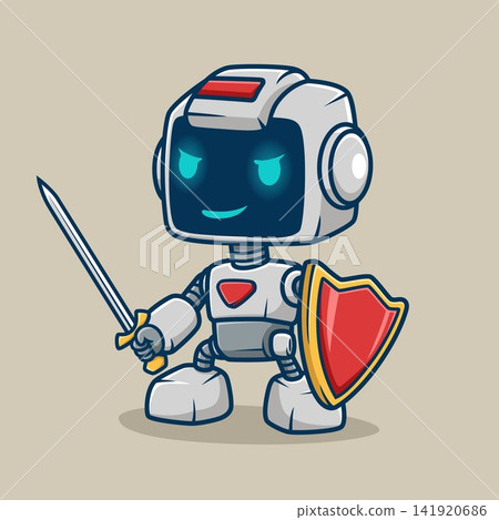 Cute white robot character holding a sword and shield. Cute white robot character holding a sword and shield. 141920686