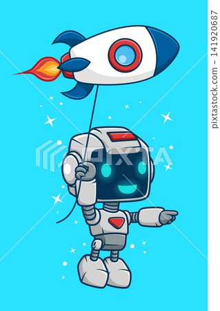 Cute robot character floating with a rocket balloon in space. Cute robot character floating with a rocket balloon in space. 141920687