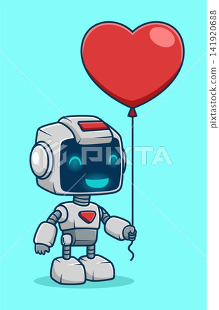 Cute white robot character holding a large red heart balloon. 141920688