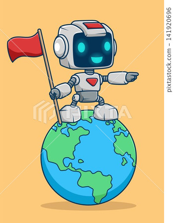 Robot character standing on Earth holding a red flag. Robot character standing on Earth holding a red flag. 141920696