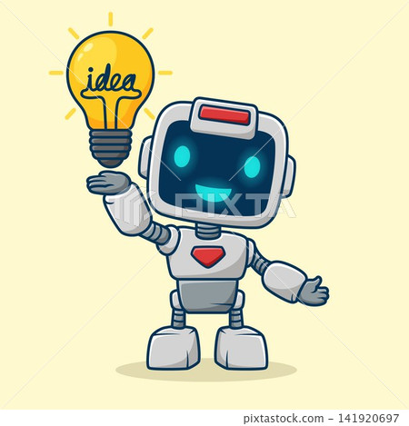 Friendly robot character holding a glowing lightbulb idea. Friendly robot character holding a glowing lightbulb idea. 141920697