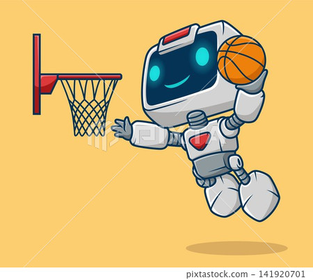 Cute robot character jumping to dunk a basketball. Cute robot character jumping to dunk a basketball. 141920701