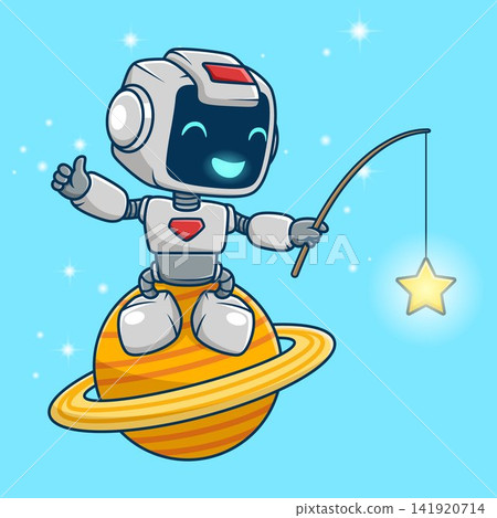 Robot character sitting on Saturn and fishing for stars. Robot character sitting on Saturn and fishing for stars. 141920714