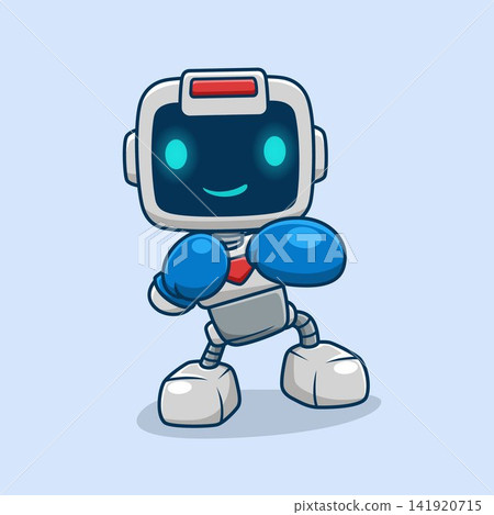 Cute cartoon robot wearing blue boxing gloves and posing. Cute cartoon robot wearing blue boxing gloves and posing. 141920715