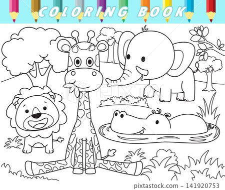 Coloring book of funny animals in forest. Vector cartoon illustration Coloring book of funny animals in forest. Vector cartoon illustration 141920753