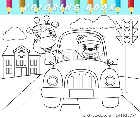 Coloring book of funny bear with giraffe on car in city road. Vector cartoon illustration Coloring book of funny bear with giraffe on car in city road. Vector cartoon illustration 141920754