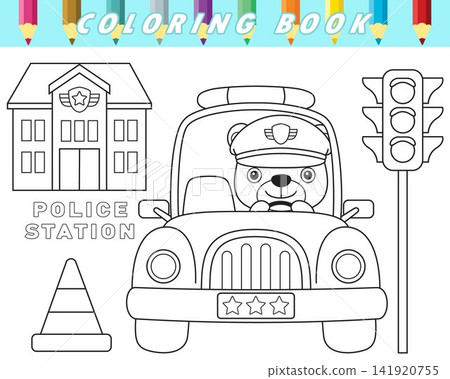 Coloring book of cute bear cop on police car with traffic element. Vector cartoon illustration Coloring book of cute bear cop on police car with traffic element. Vector cartoon illustration 141920755