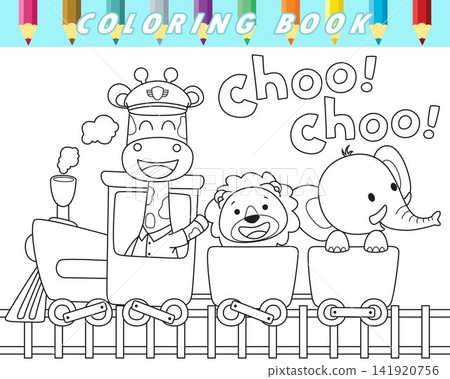Coloring book of cute animals on steam train. Vector cartoon illustration 141920756