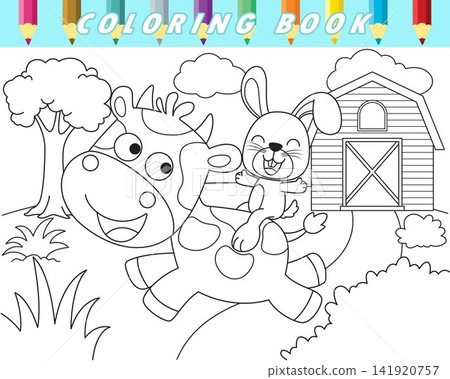Coloring book of funny rabbit riding cow in farm field. Vector cartoon illustration 141920757