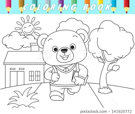 Coloring book for kids, cute bear going to school from home in the morning. Vector cartoon illustration Coloring book for kids, cute bear going to school from home in the morning. Vector cartoon illustration 141920772