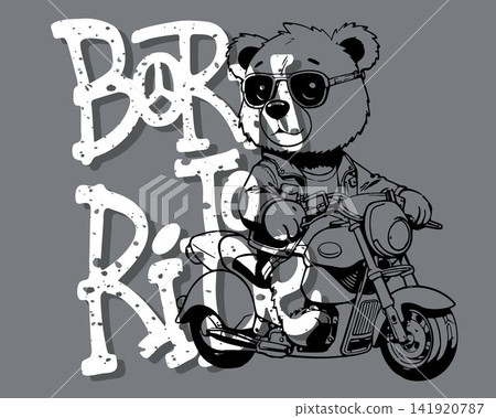 Biker bear with sunglasses riding motorcycle. Contour art vector illustration Biker bear with sunglasses riding motorcycle. Contour art vector illustration 141920787