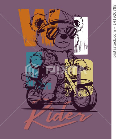 Biker bear with sunglasses riding motorcycle. Contour art vector illustration Biker bear with sunglasses riding motorcycle. Contour art vector illustration 141920788