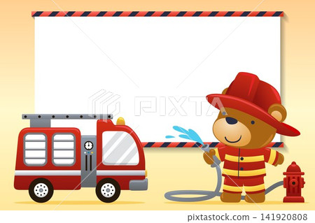 Cute bear in fireman costume holding fire hose with fire truck. Firefighter elements with blank sign. Vector cartoon illustration 141920808