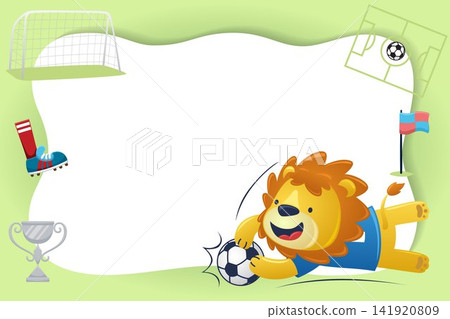 Cute lion playing soccer with blank sign. Soccer elements vector cartoon illustration 141920809