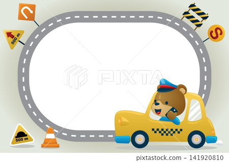 Cute bear driving taxi while make a call. Transportation elements with blank sign. Vector cartoon illustration Cute bear driving taxi while make a call. Transportation elements with blank sign. Vector cartoon illustration 141920810