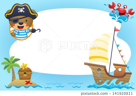 Cute bear pirate with pirate sailing element on blank sign background. Vector cartoon illustration Cute bear pirate with pirate sailing element on blank sign background. Vector cartoon illustration 141920811