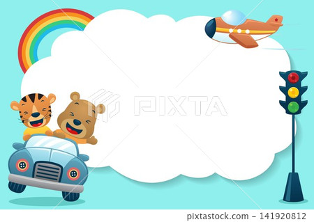 Cute tiger and bear on car. Transportation element with blank sign. Vector cartoon illustration Cute tiger and bear on car. Transportation element with blank sign. Vector cartoon illustration 141920812