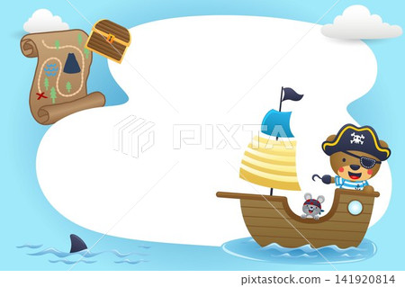 Cute bear pirate on sailboat with blank sign. Pirate elements vector cartoon illustration Cute bear pirate on sailboat with blank sign. Pirate elements vector cartoon illustration 141920814