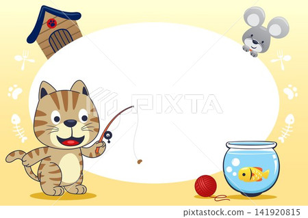 Cute pet with blank sign. Funny cat with mouse fishing. Pet elements vector illustration Cute pet with blank sign. Funny cat with mouse fishing. Pet elements vector illustration 141920815