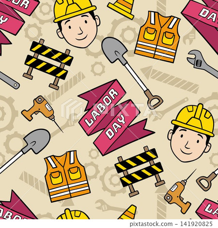 Seamless pattern vector of construction elements with worker smile face 141920825