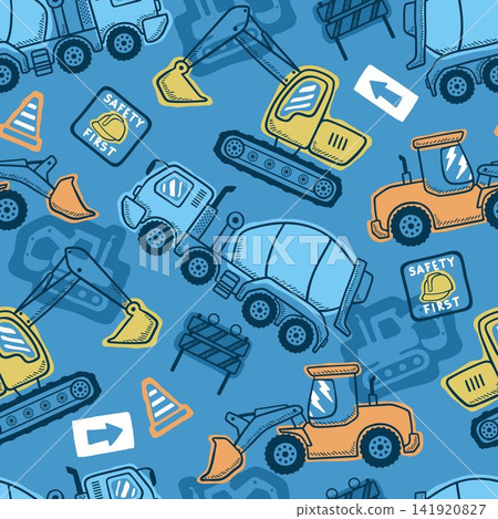 Seamless pattern vector of construction vehicles cartoon with industrial element in hand drawing concept Seamless pattern vector of construction vehicles cartoon with industrial element in hand drawing concept 141920827