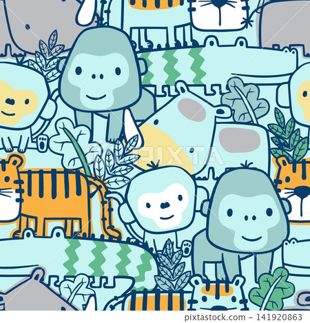 Seamless pattern vector of wildlife animals cartoon in contour art concept Seamless pattern vector of wildlife animals cartoon in contour art concept 141920863