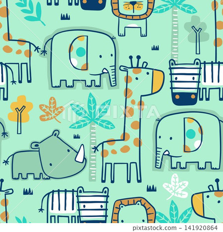 Seamless pattern vector of wildlife animals cartoon in contour art concept 141920864