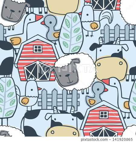 Seamless pattern vector of farm animals cartoon with barn Seamless pattern vector of farm animals cartoon with barn 141920865