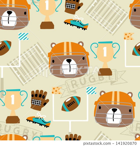 Seamless pattern vector of cartoon cute bear face with rugby elements illustration Seamless pattern vector of cartoon cute bear face with rugby elements illustration 141920870