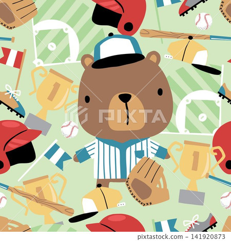 Seamless pattern vector of little bear in baseball uniform with baseball elements illustration Seamless pattern vector of little bear in baseball uniform with baseball elements illustration 141920873