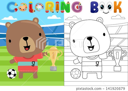 Vector cartoon illustration, cute bear in soccer stadium holding trophy, coloring book or page Vector cartoon illustration, cute bear in soccer stadium holding trophy, coloring book or page 141920879