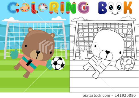 Vector cartoon illustration, cute bear goalkeeper in soccer stadium, coloring book or page 141920880