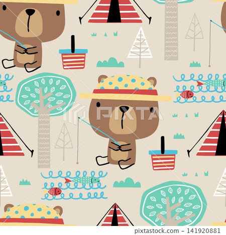 Seamless pattern vector of cartoon cute bear fishing in forest at camping day 141920881