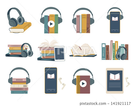Audiobook Icon Set with Books, Headphones and Mobile Elements Audiobook Icon Set with Books, Headphones and Mobile Elements 141921117
