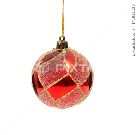 Red Christmas bauble ornament with gold glitter details, isolated on white background. 141921129