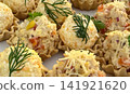 small basket servings of dill and grated cheese salad rustic food presentation  141921620