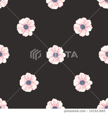 Pink anemone watercolor flower seamless pattern on a black background. Floral illustration for wallpaper, packaging paper and textile design. 141921665
