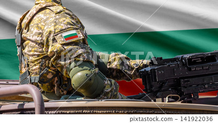 Bulgaria flag with soldier at machinegun turret Bulgaria flag with soldier at machinegun turret 141922036