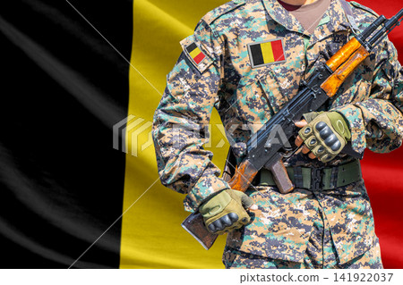 Belgium flag with soldier holding assault rifle Belgium flag with soldier holding assault rifle 141922037