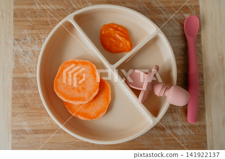 Eco-friendly silicone toddler dish filled with cooked sweet potato chunks and spoon on a light wood background. Perfect for early weaning guides, child nutrition, and product catalogues Eco-friendly silicone toddler dish filled with cooked sweet potato chunks and spoon on a light wood background. Perfect for early weaning guides, child nutrition, and product catalogues 141922137