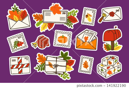 Collection of hand drawn autumn mail stickers. Includes envelopes, parcels, postage stamps, wax seals, and mailbox decorated with colorful leaves. Perfect for planners and scrapbooking projects 141922190